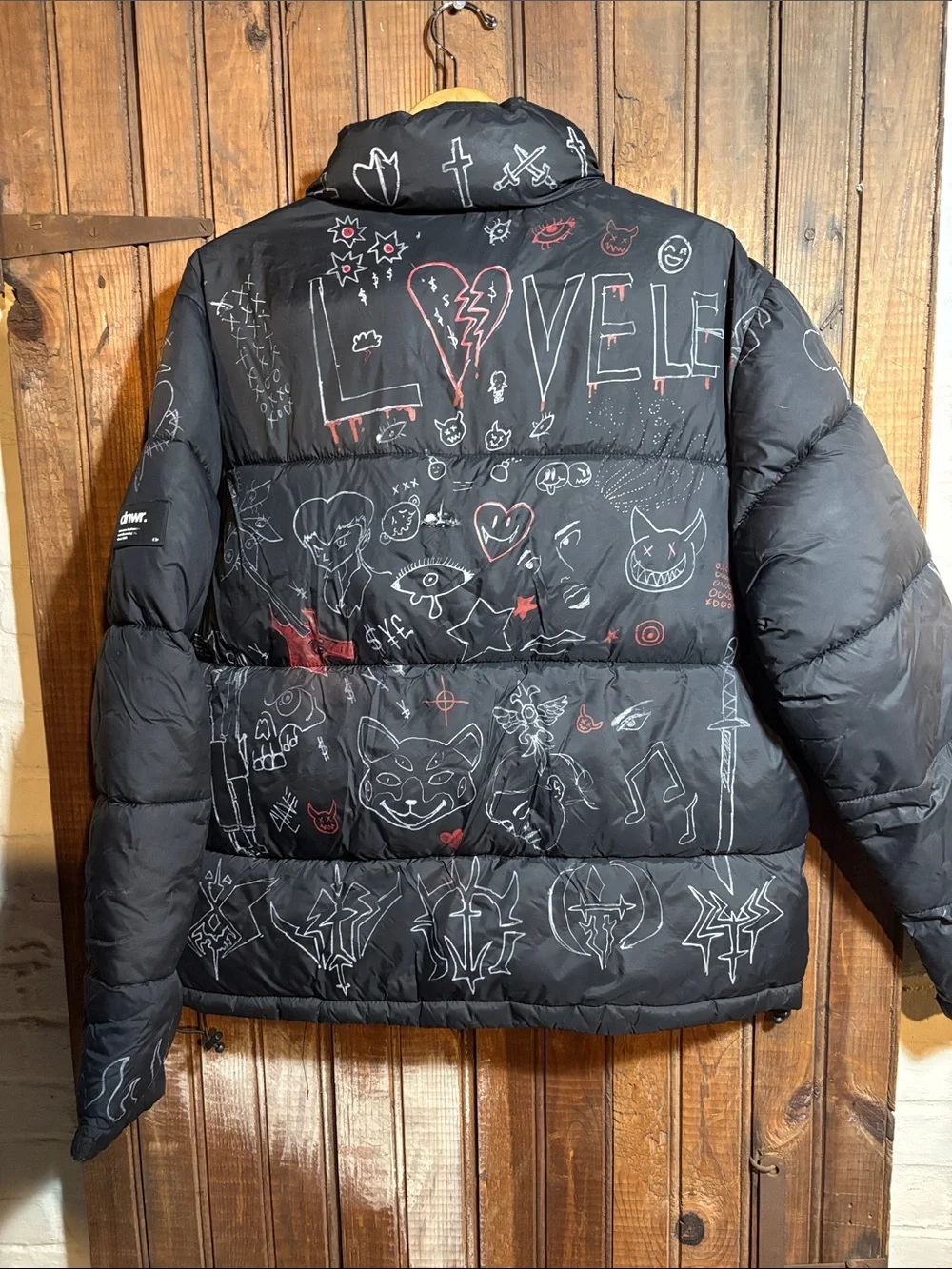 ZARA Black Puffer Jacket with White & Red Custom Painted Graphics